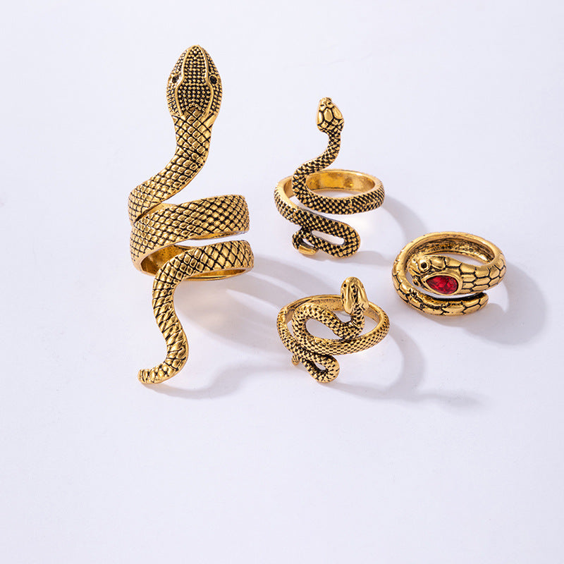 Playful Ruby Inlaid Snake Ring Set - Ancient Gold