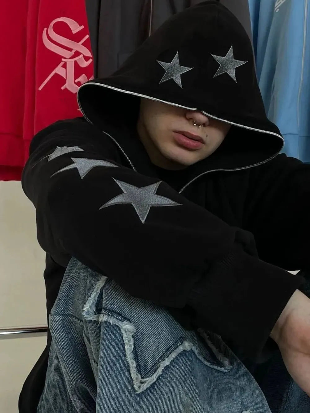 Men's Star Embroidery Zip Up Hoodie - Harajuku Style
