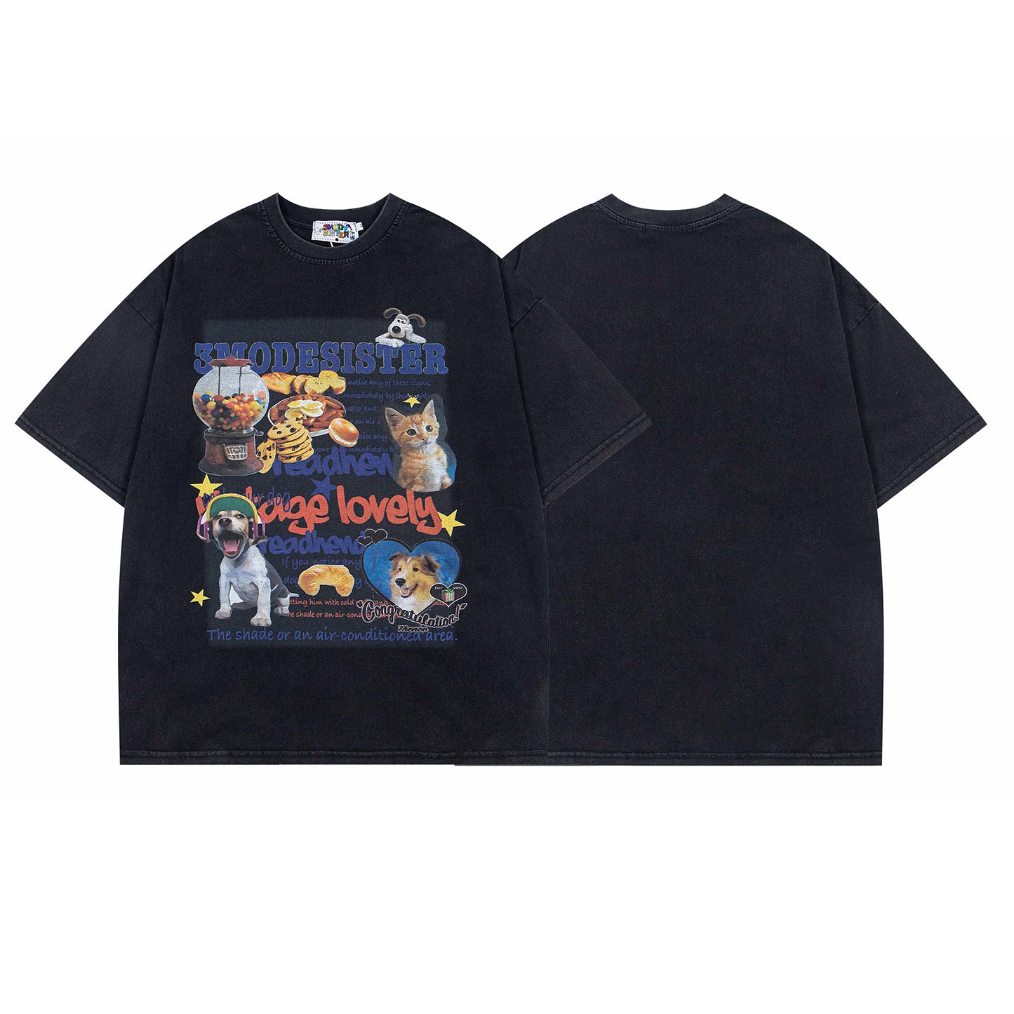 Retro Washed Fun Pet Print T-Shirt - Unisex Casual Top