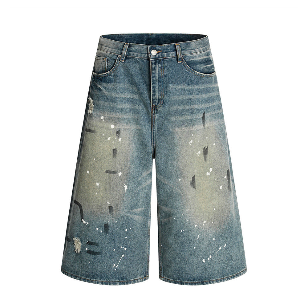 Heavy-Duty Splatter Paint Denim Three-Quarter Pants