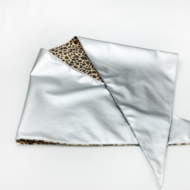 Double-Sided Leopard Print & Leather Triangular Scarf with Headband
