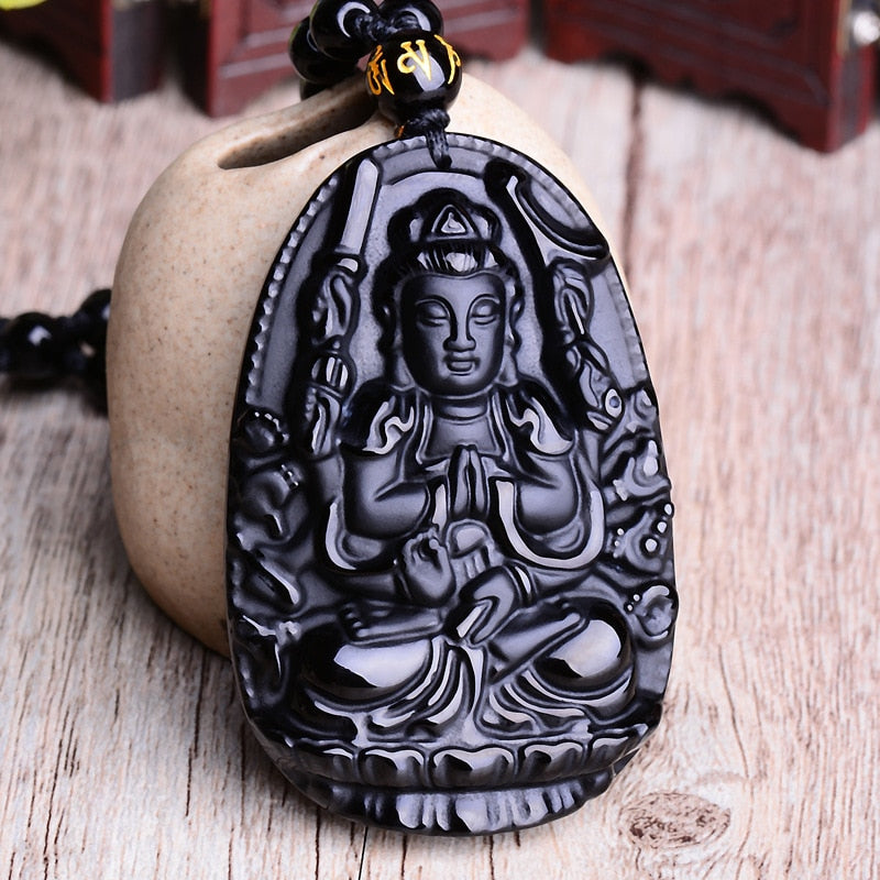 Black Obsidian Six Stars Lucky Amulet Pendant Necklace