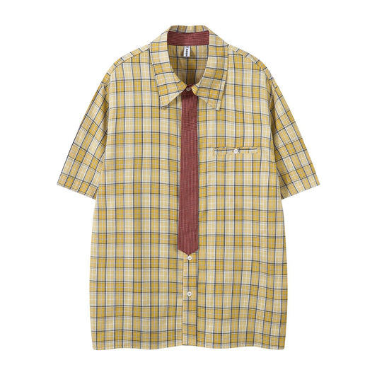 Harajuku Plaid Collar Tie Short Sleeve Shirt Unisex