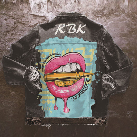 Playful Tongue Out Print Denim Jacket