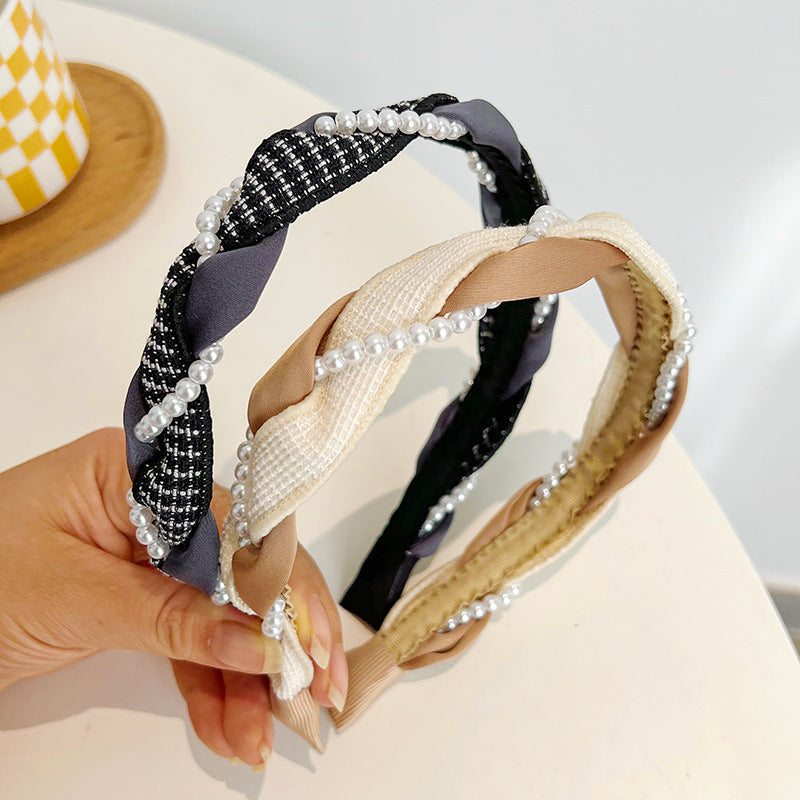 Senior Knitting Cross Twist Pearl High Skull Top Headband