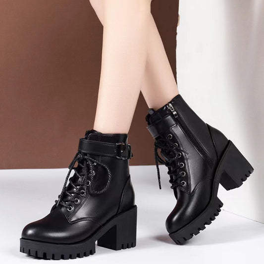 Playful Lace-Up Round Toe Buckle  Boots for Women