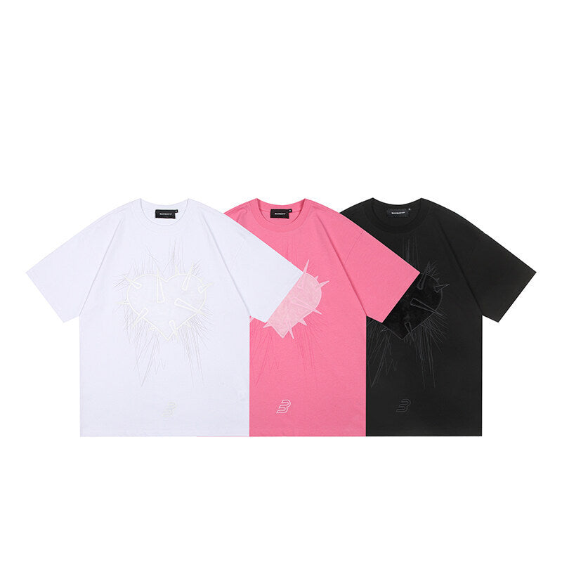 Harajuku Style Water Washed Plush Heart Loose T-Shirt