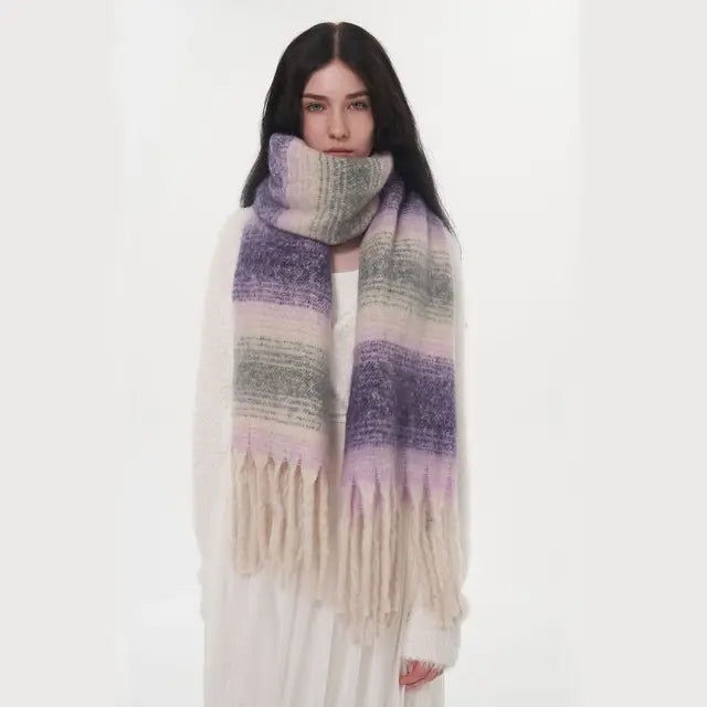 Gradient Color Block Cashmere Scarf with Tassels