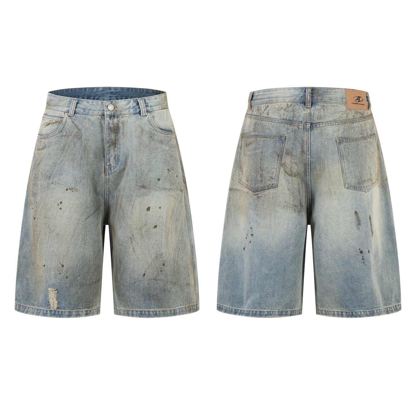 Washed Faded Splatter Hole Design Denim 7/8 Pants