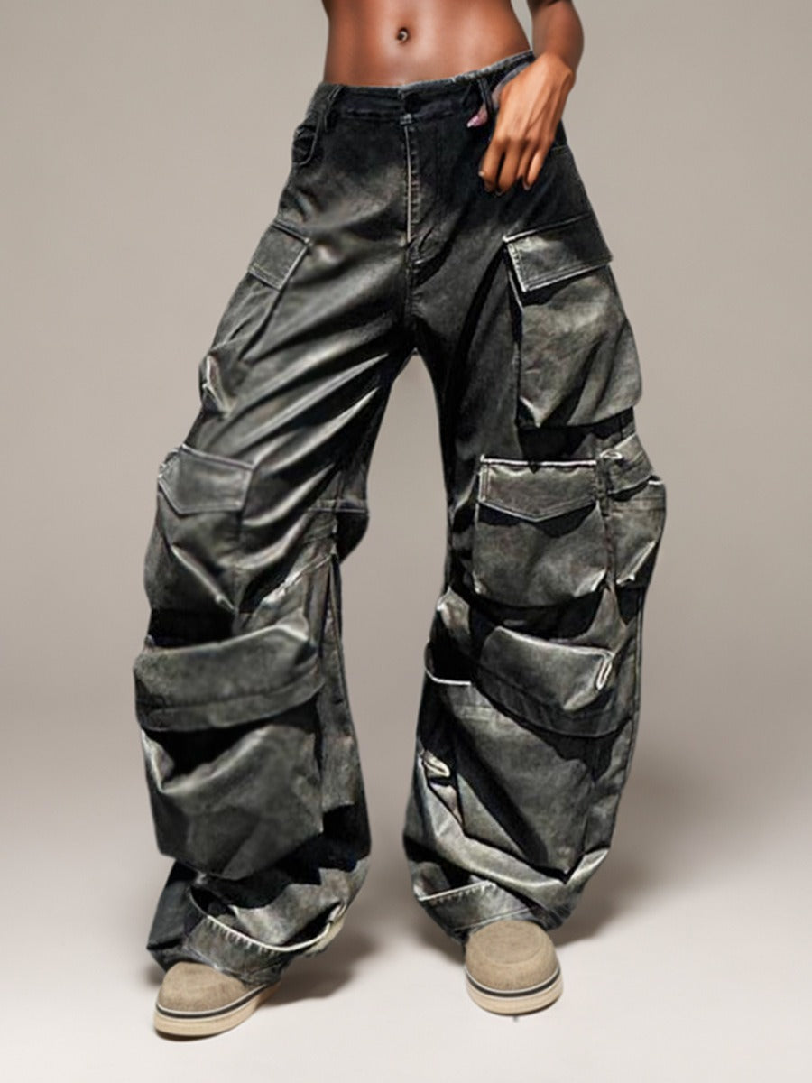 Harajuku Style High Waisted Patchwork Leather Pants