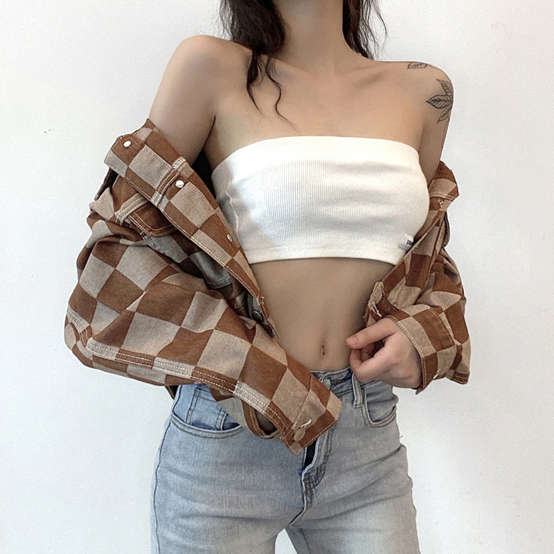 Vintage Brown Plaid Denim Jacket for Women