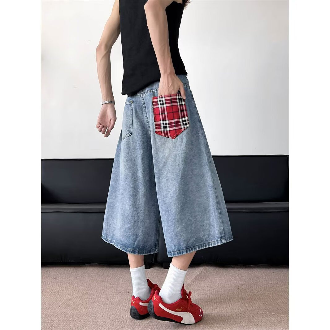 Grid Splicing Denim Wide Leg Shorts