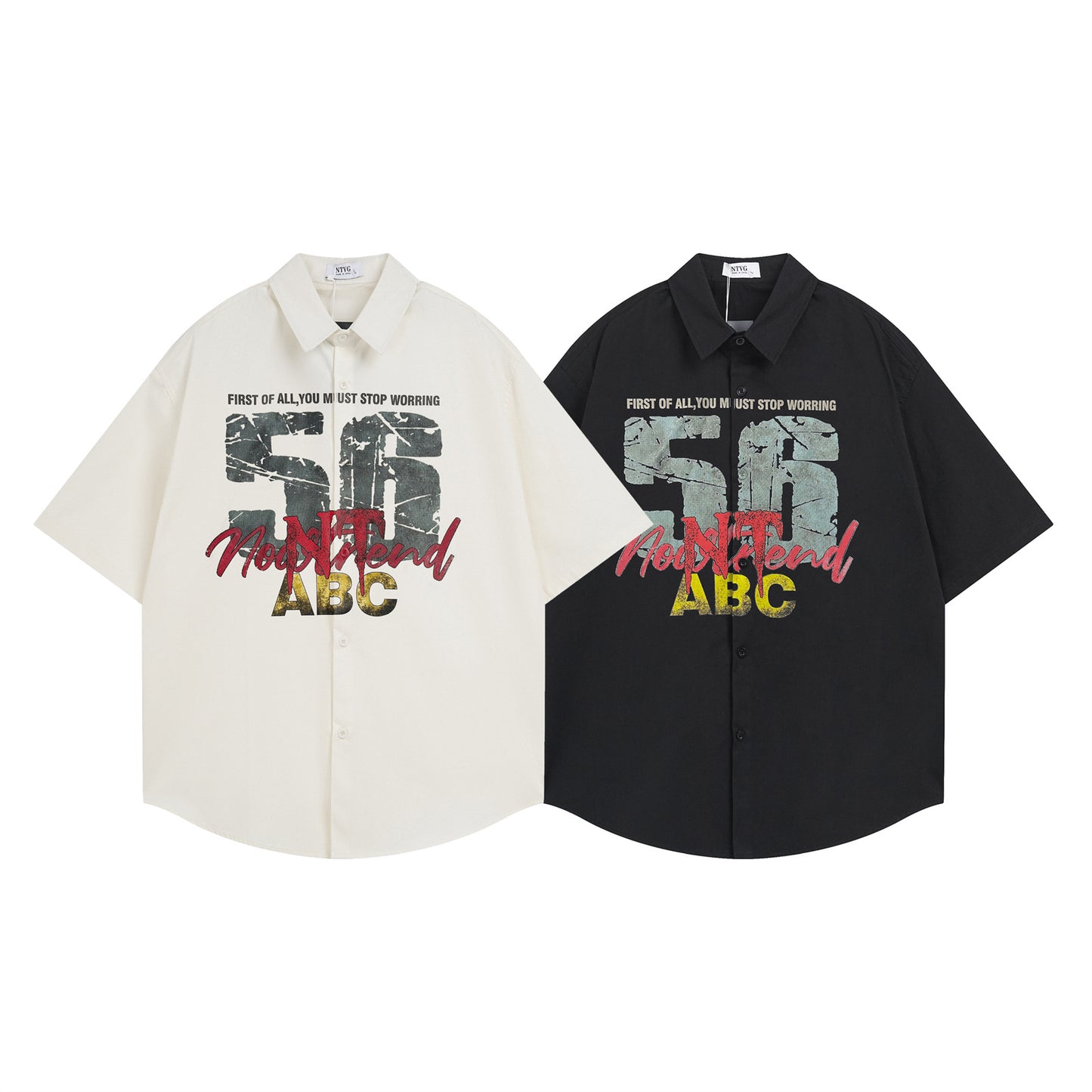 Retro Letter Print Cotton Short Sleeve Shirt