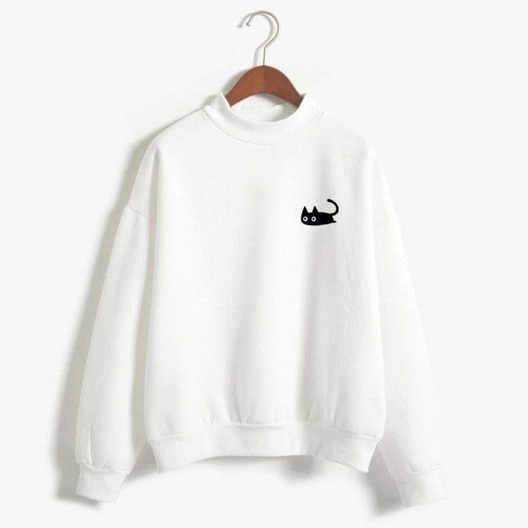 Kawaii Black Cat Turtleneck Sweatshirt for Women