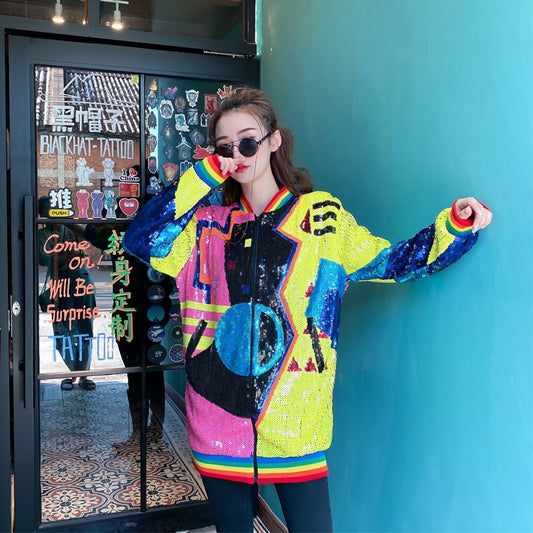Harajuku Style Sequin Baseball Jacket for Women