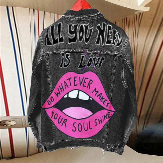 Harajuku Style Denim Jacket with Lip Letter Print