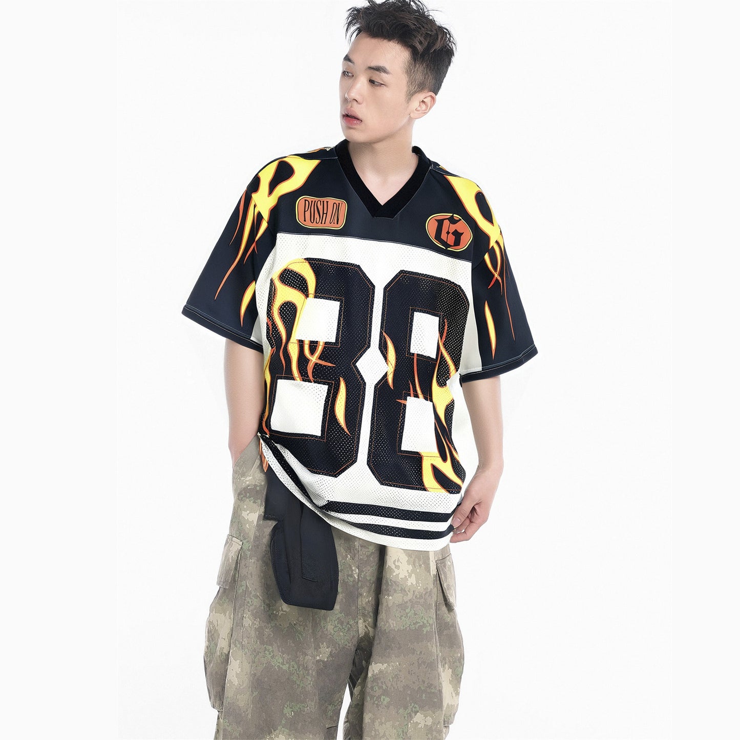 Harajuku Style Retro Letter Print V-Neck Jersey T-Shirt