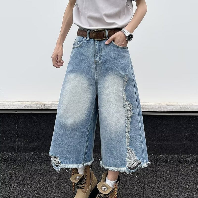 Ripped Denim Cropped Wide Leg Pants