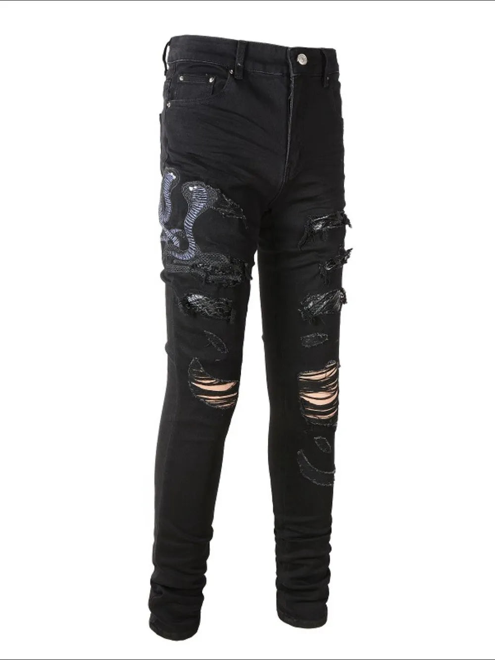Men's Slim Jeans with Washed Snake Embroidery