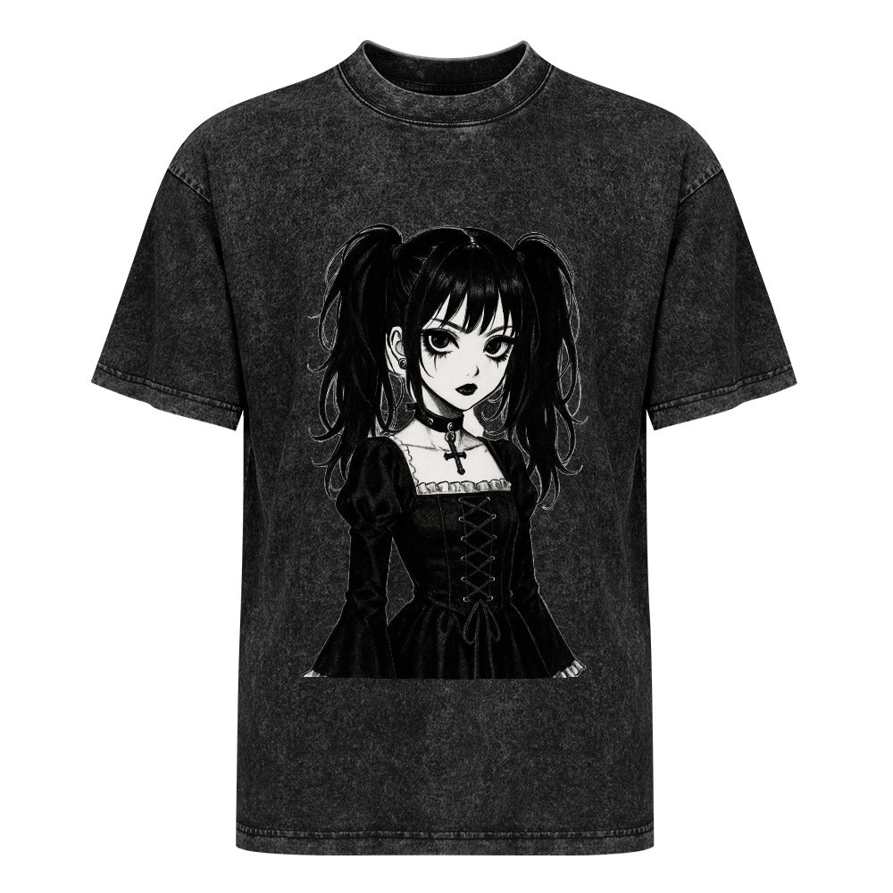 Goth Emo Harajuku Girl Vintage Wash Off Shoulder Tee