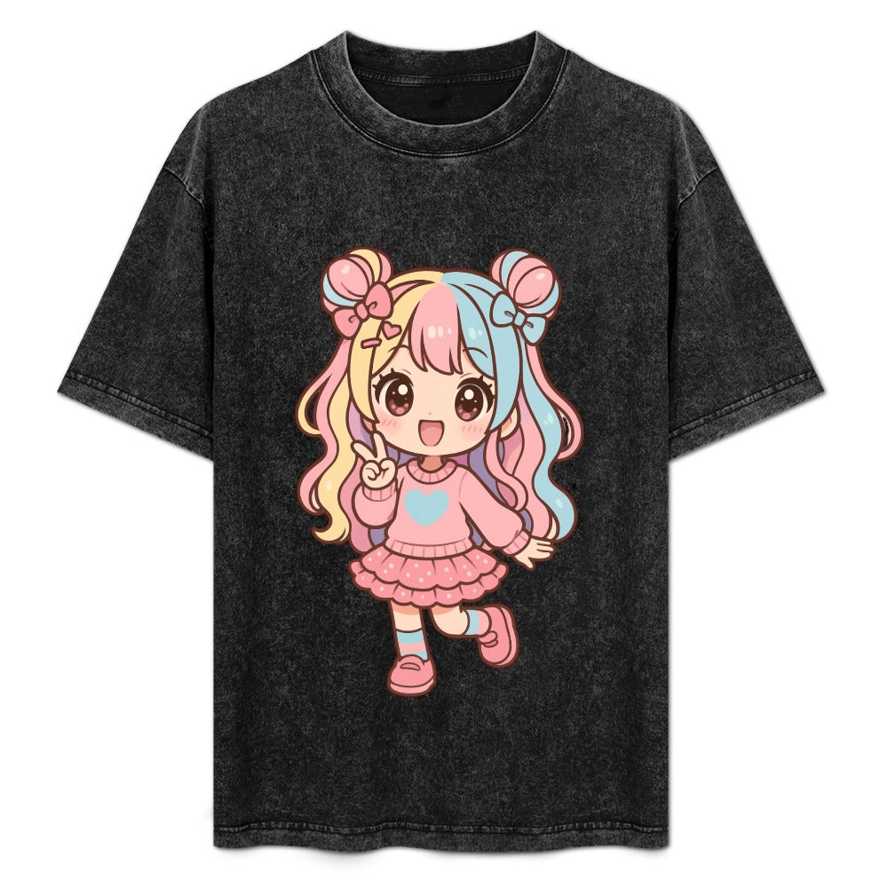Kawaii Harajuku Girl Vintage Wash Off Shoulder Tee