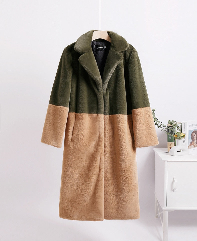Mid-Length Mink Velvet Faux Fur Coat with Furry Collar