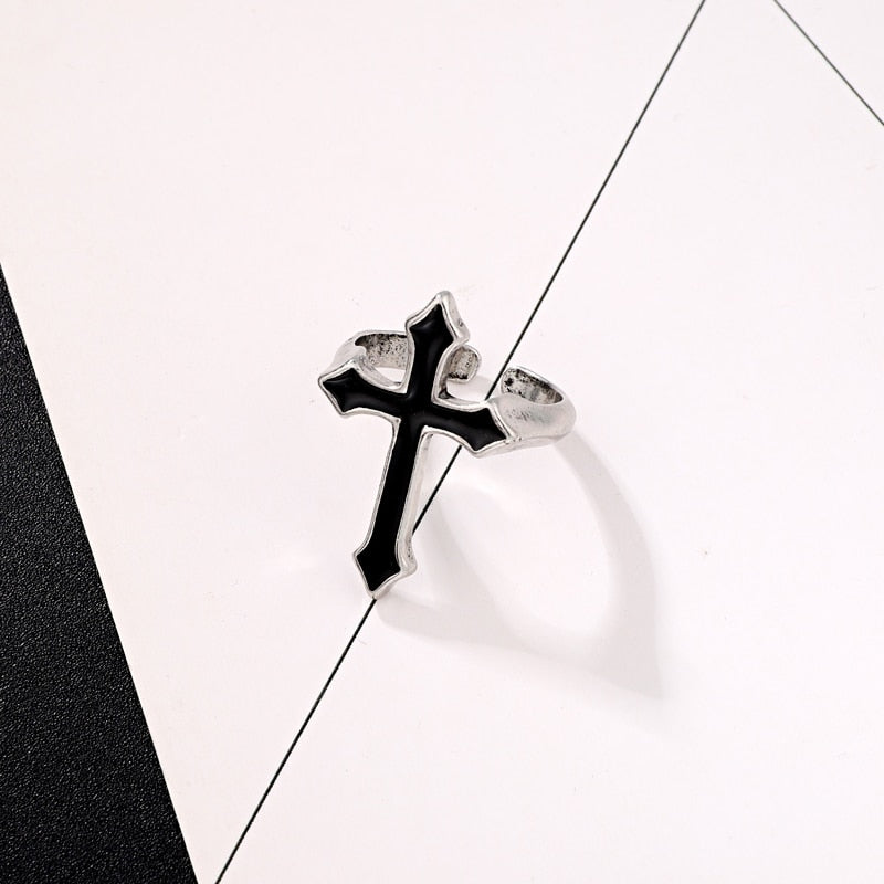 Vintage Black Gothic Cross Open Ring - Harajuku Style Jewelry
