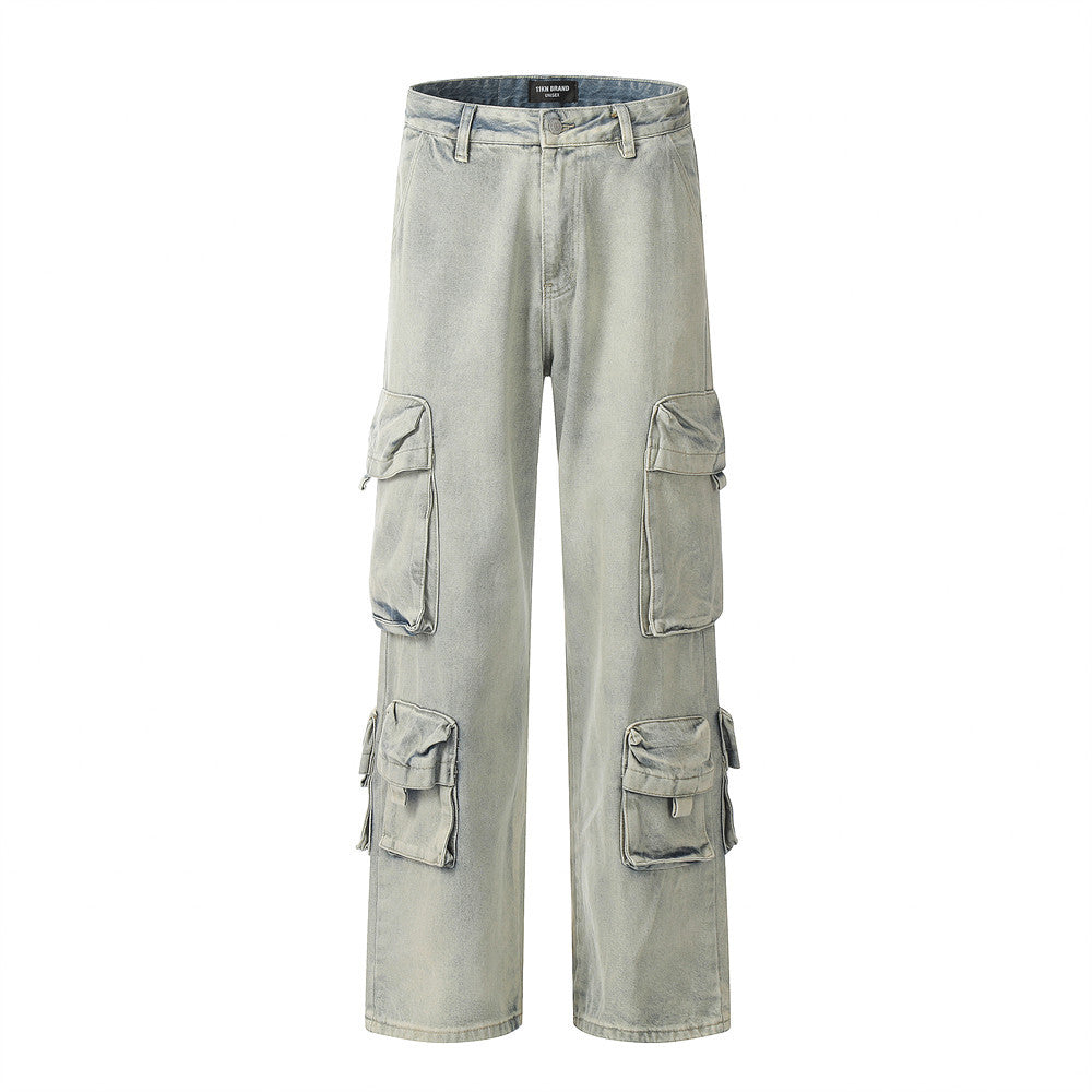 Retro Punk Washed Faded Denim Trousers for Men
