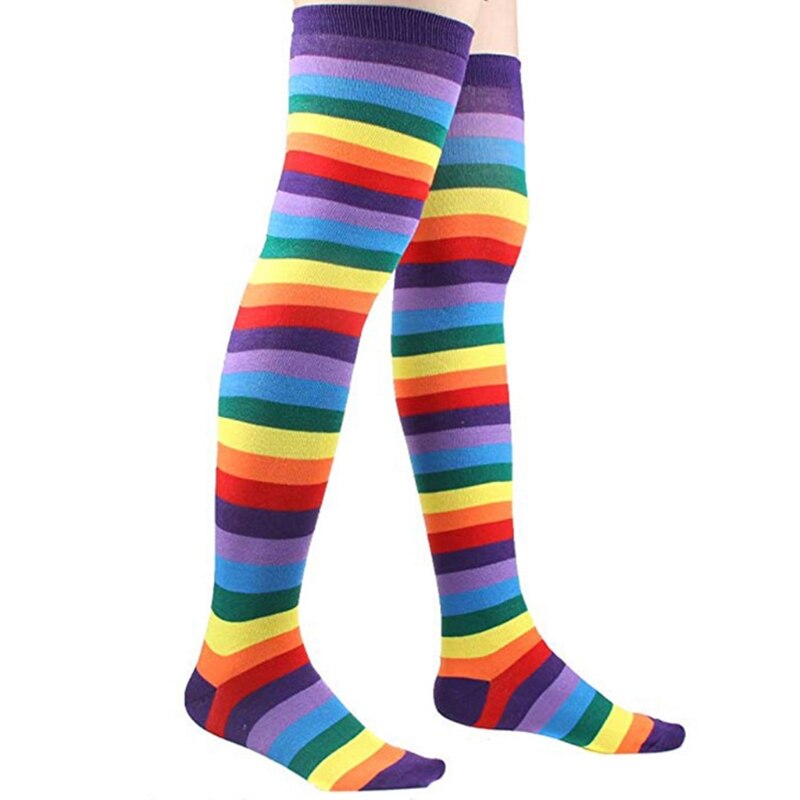 Harajuku Rainbow Striped Thigh High Socks & Fingerless Gloves Set