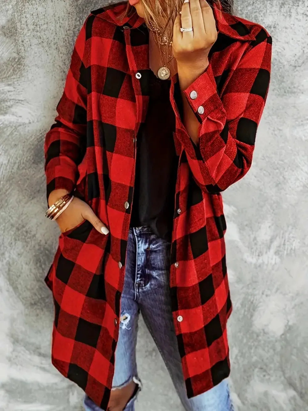 Playful Plaid Collared Neck Snap Down Long Sleeve Jacket