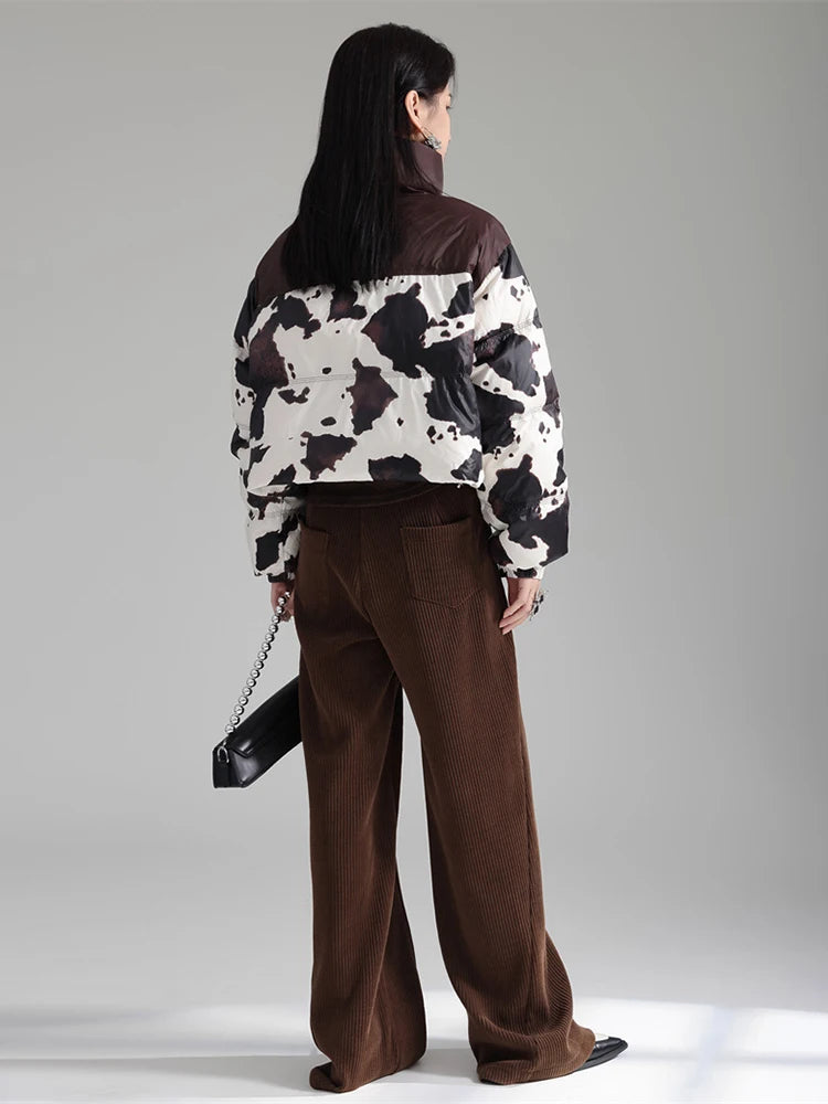 Harajuku Style Cow Pattern Cotton-Padded Coat with Stand Collar