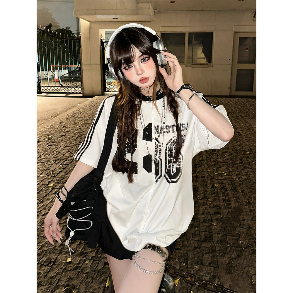 Playful Retro Letter Printed Short Sleeved Top