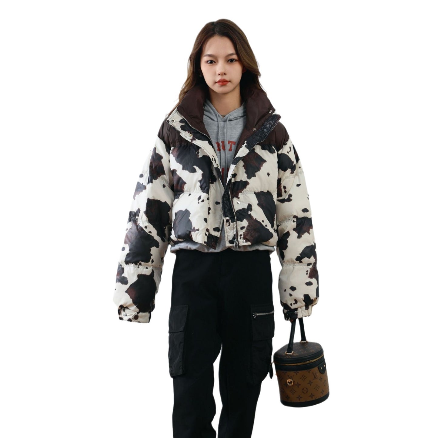 Harajuku Cow Print White Duck Down Coat for Women