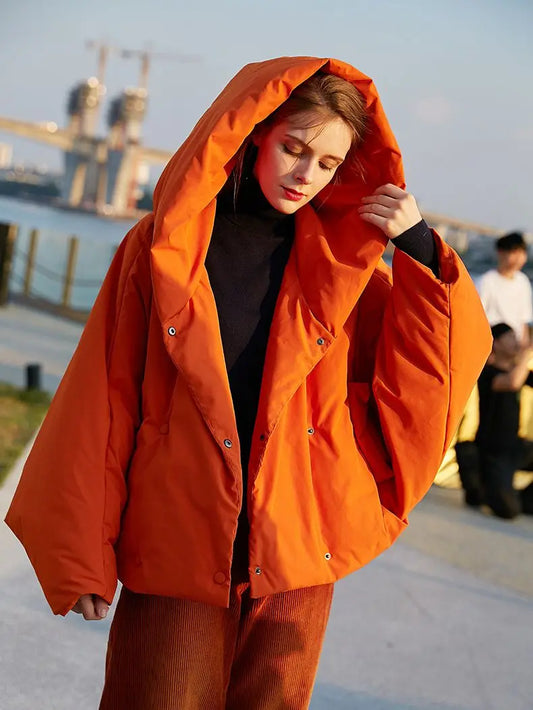 Harajuku Style Women's Oversized Down Parka - Fluffy Orange Red