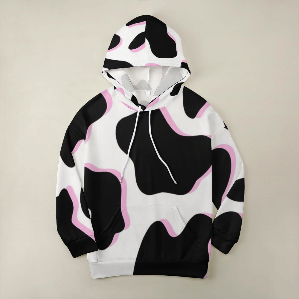 Black and Pink Cow Pattern Dropped Sleeve Hoodie