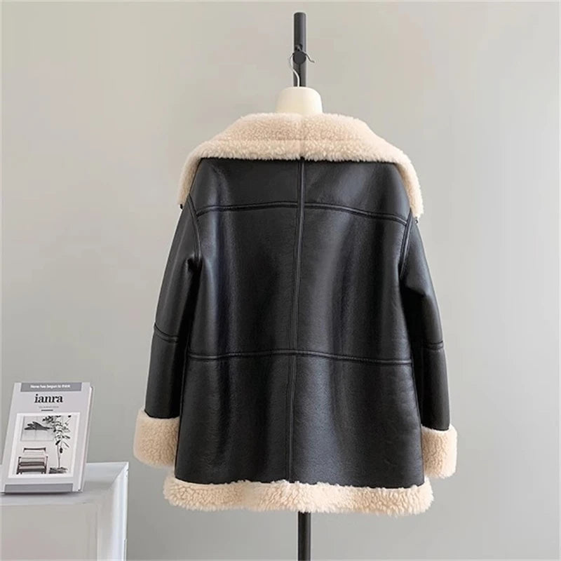 Playful Cashmere Collar Leather Jacket for Women