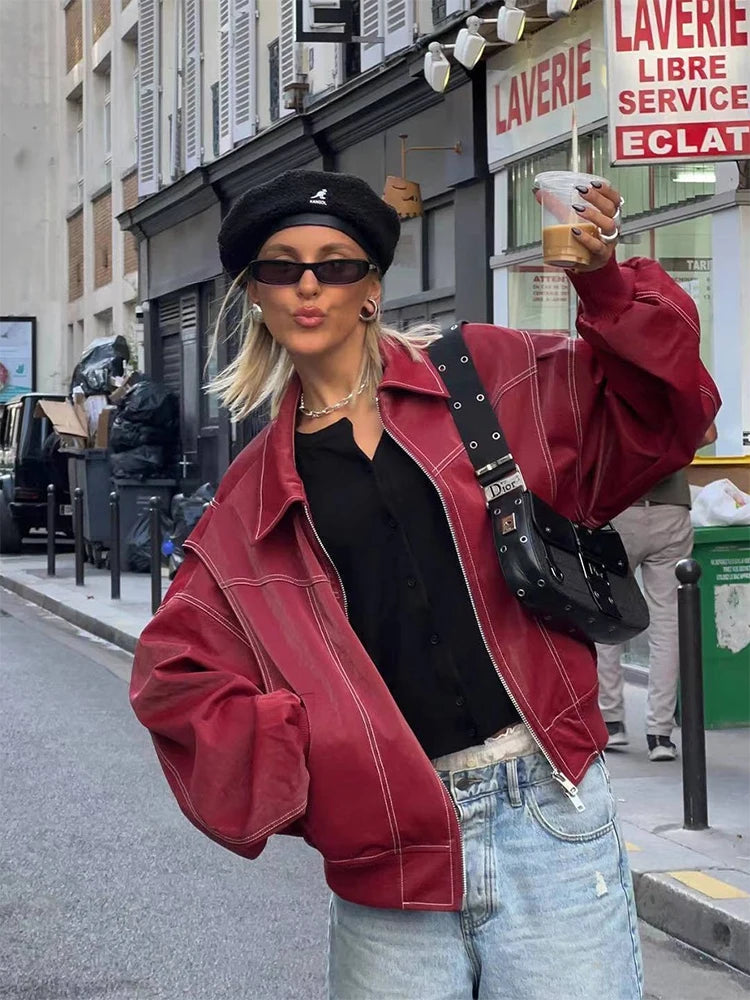 Faux Leather Oversized Bomber Jacket for Women