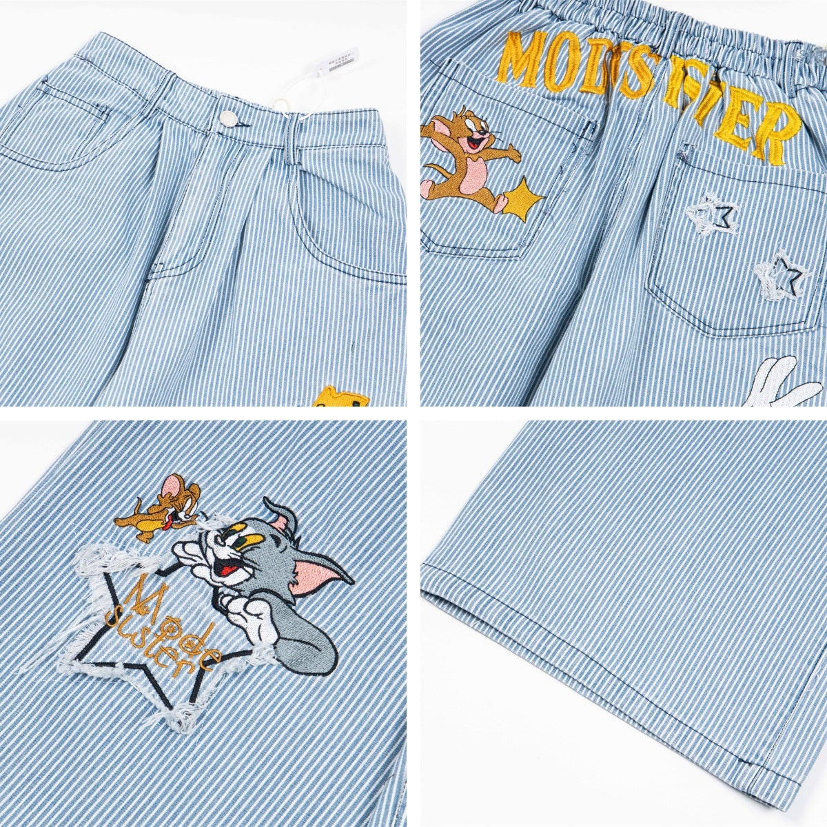 Playful Striped Embroidered Straight Leg Jeans