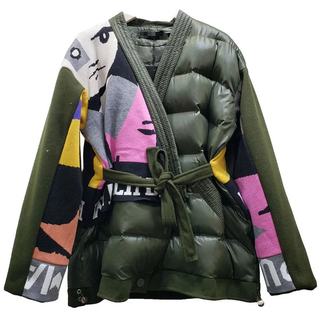 Harajuku Style Winter V-neck Lace-up Parka Coat