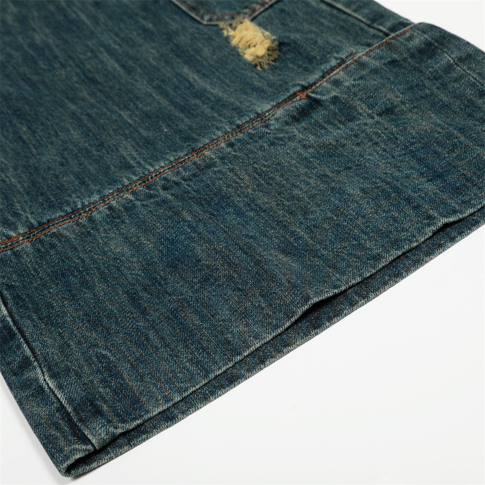 Harajuku Style Washed Distressed Denim 7/8 Pants for Men