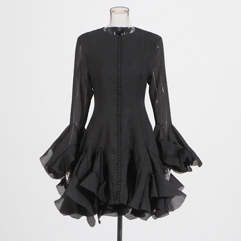 Harajuku Style Ruffled Mid-Length Dress with Trumpet Sleeves