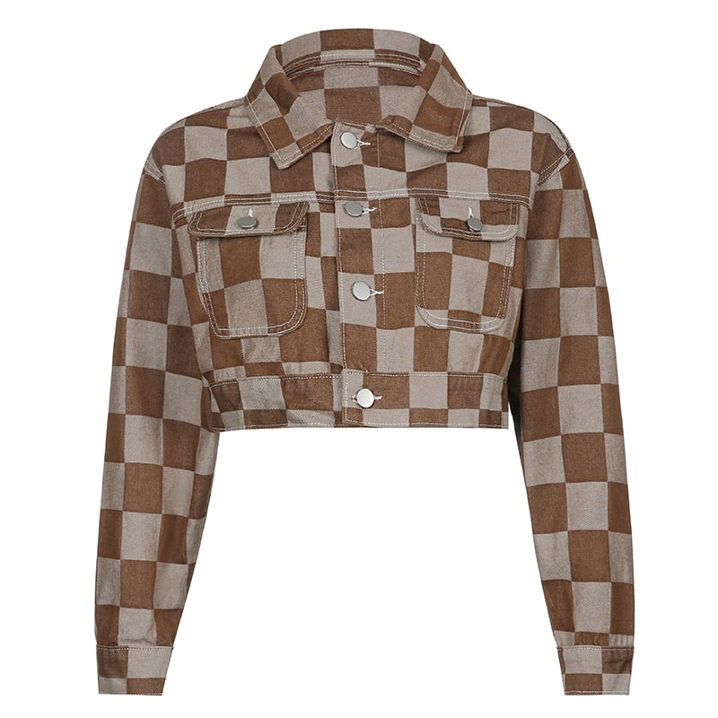 Vintage Brown Plaid Denim Jacket for Women