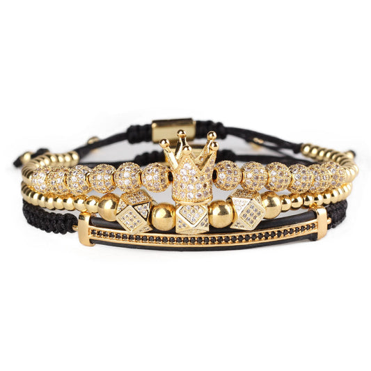 3pcs Luxury CZ Crown Charm Men’s Bracelets Set