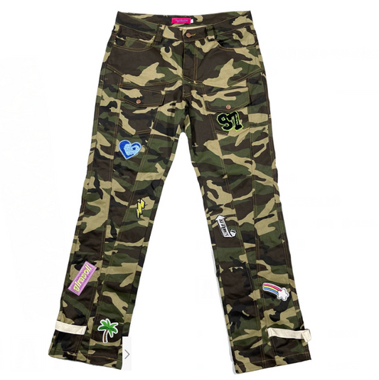 Harajuku Style Camo Cargo Pants with Embroidered Smiley Face