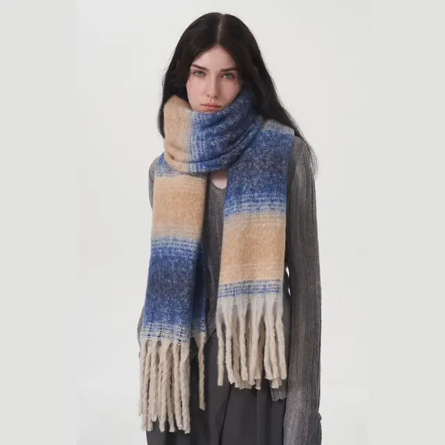 Gradient Color Block Cashmere Scarf with Tassels