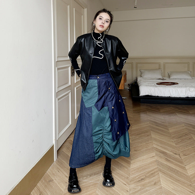 Retro Patchwork Denim High Waisted Skirt for Playful Fashion
