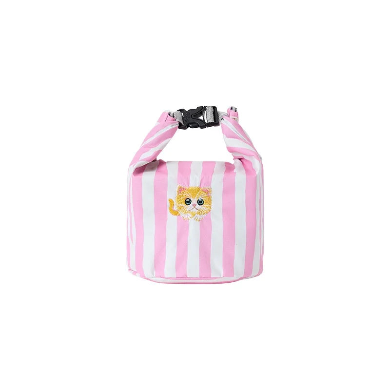 Pink Striped Strawberry Cat Insulated Lunch Bag