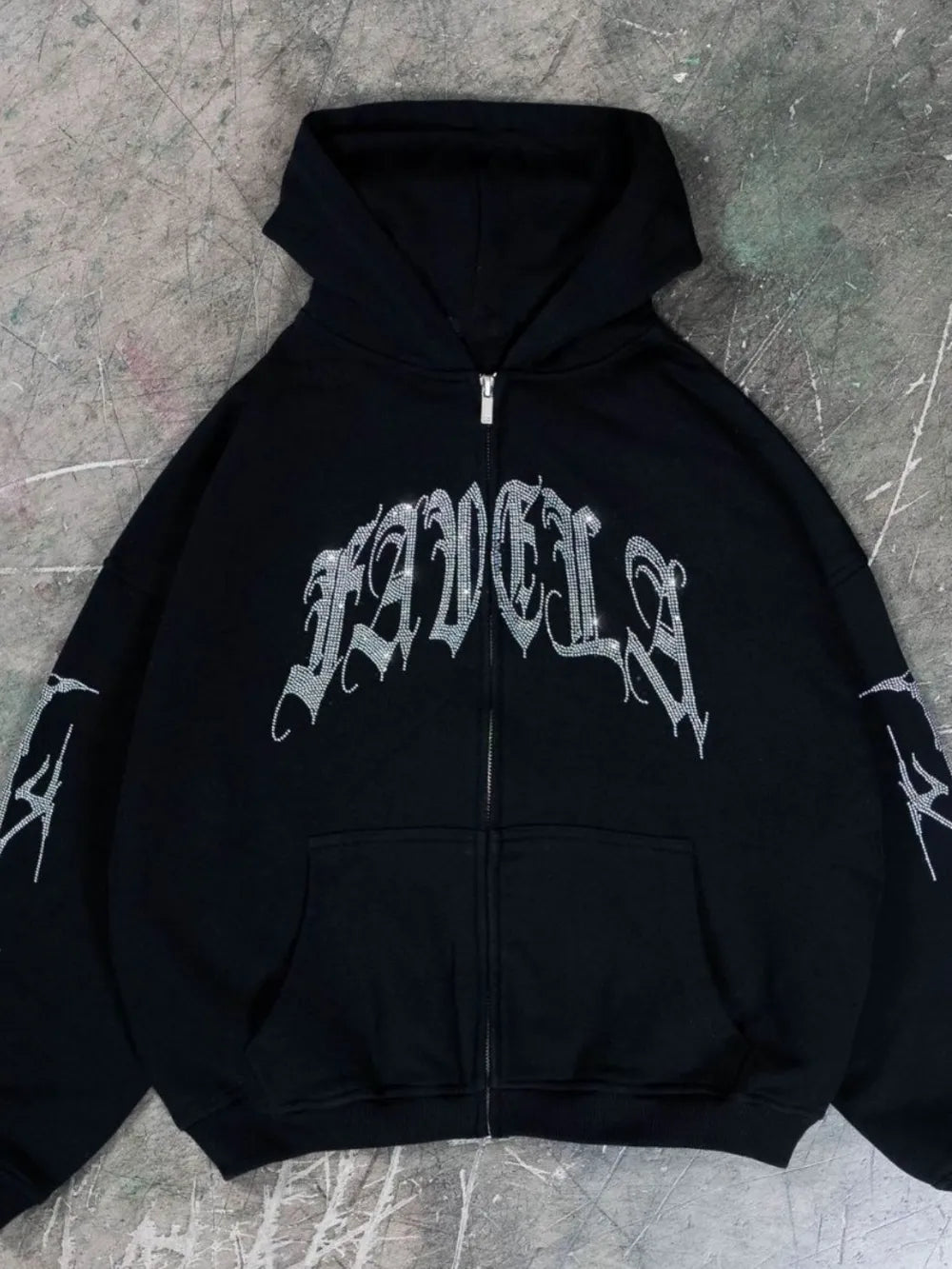 Men's Rhinestone Letter Zip Up Long Sleeve Hoodie