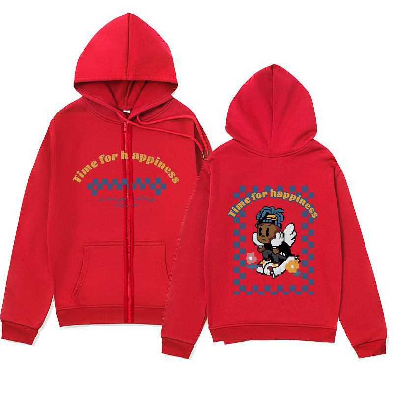 Playful Melancholic Child Print Zip-Up Hoodie