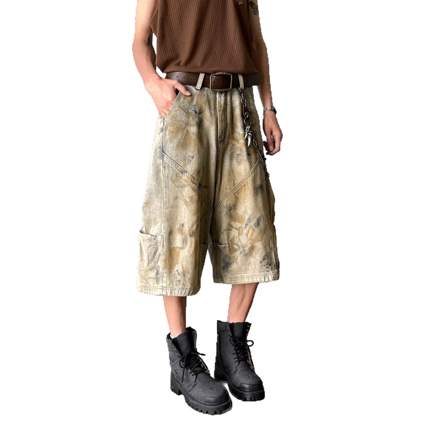 Wash Dirty Dyed Denim Wide Leg Cropped Pants